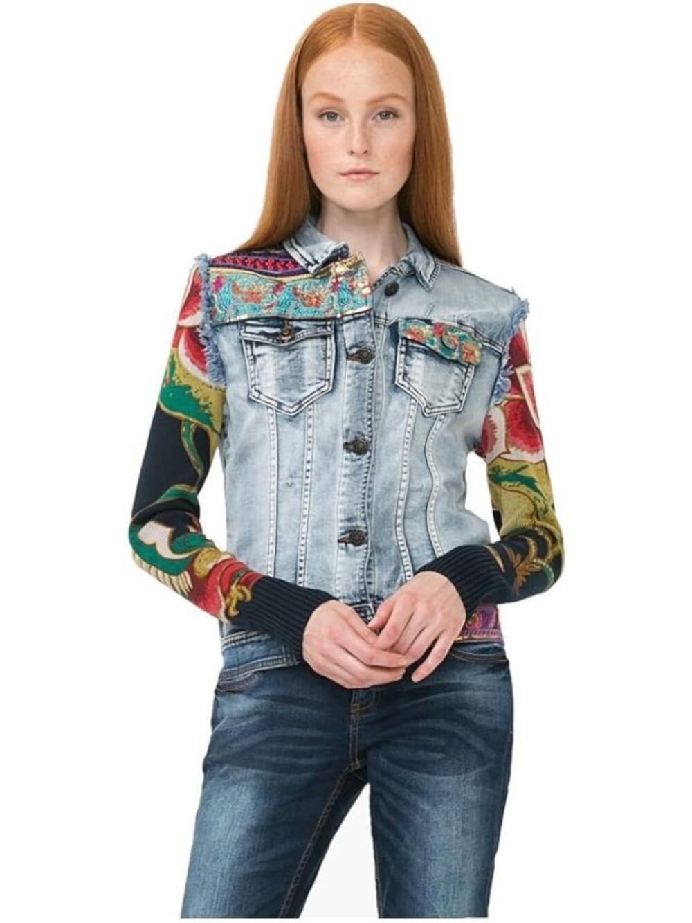 Desigual Mixed Media Denim Jacket Size 12 Embroidered Knit Sleeve Distressed Boh